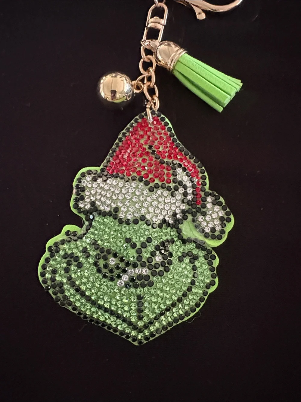 Green and Red Crystal Grinch Puffy Keychain Bag Charm with Gold Hardware